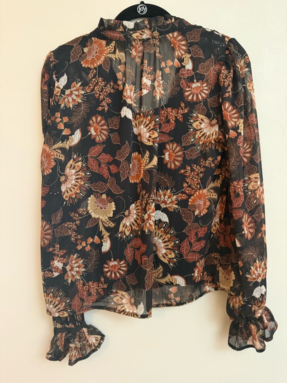 Evereve Black Floral Ruffle Neck Blouse with Brown & Cream Blooms - Picture 3 of 3